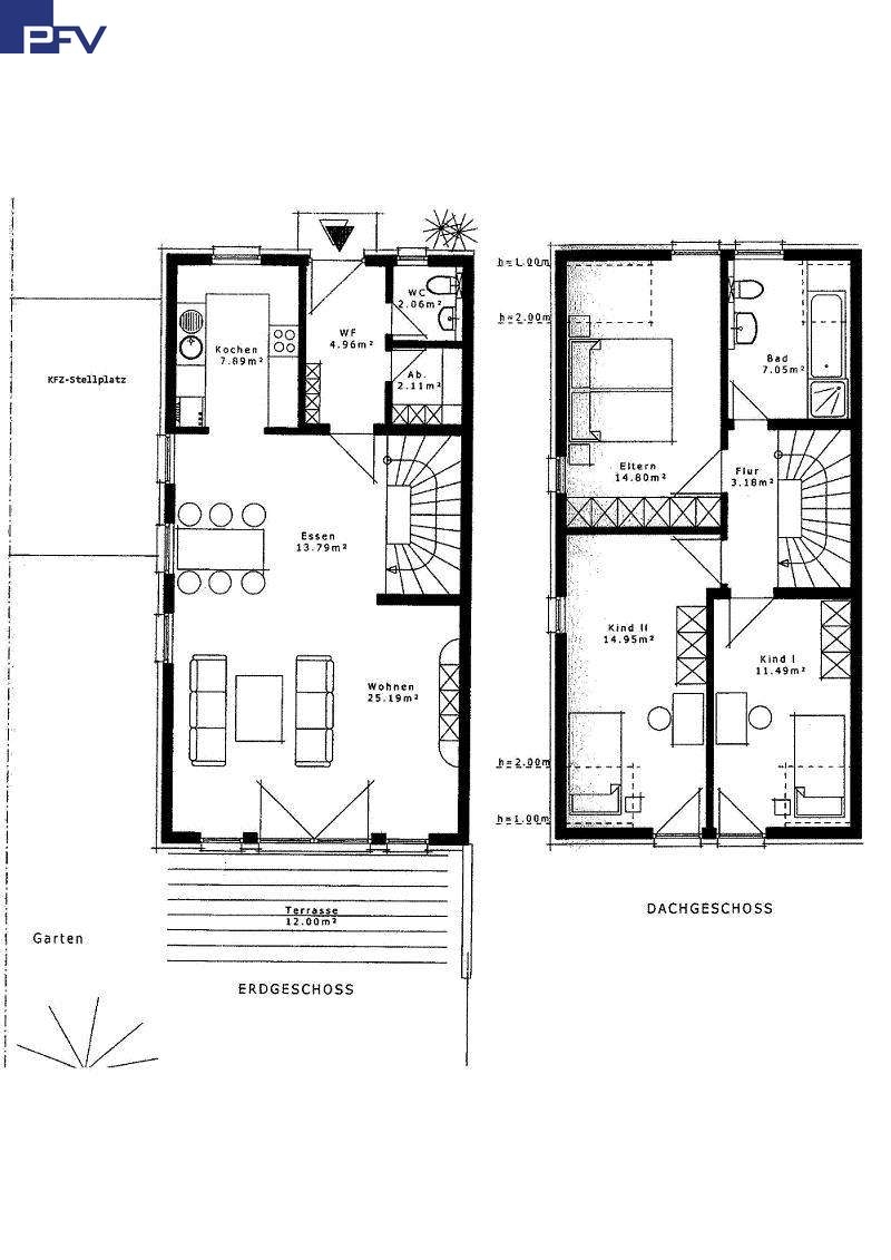 Grundriss EG und DG Reiheneckhaus Schwabach